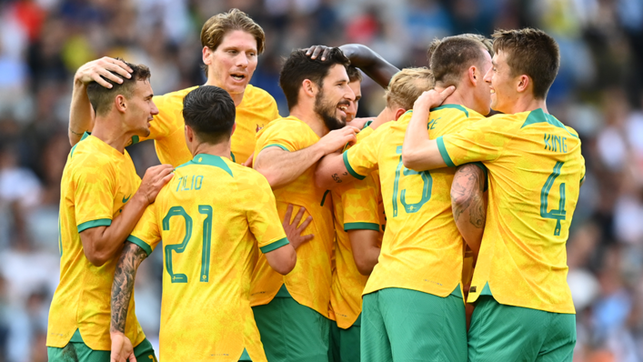 Mitchell Duke of the Socceroos celebrates after scoring against New Zealand