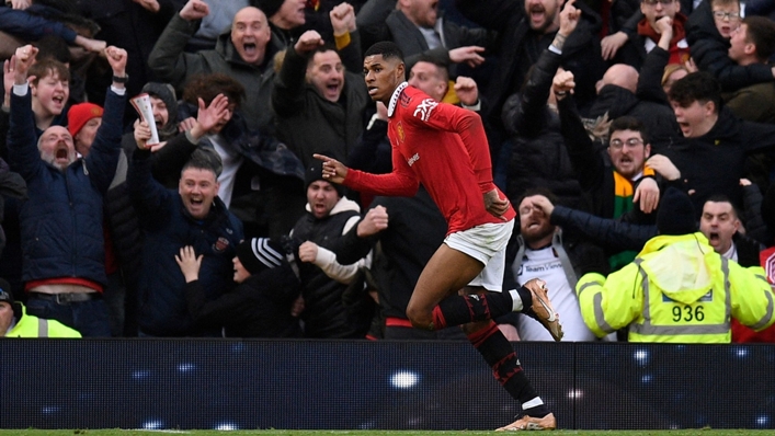 Marcus Rashford celebrates his winner for United in the Manchester derby