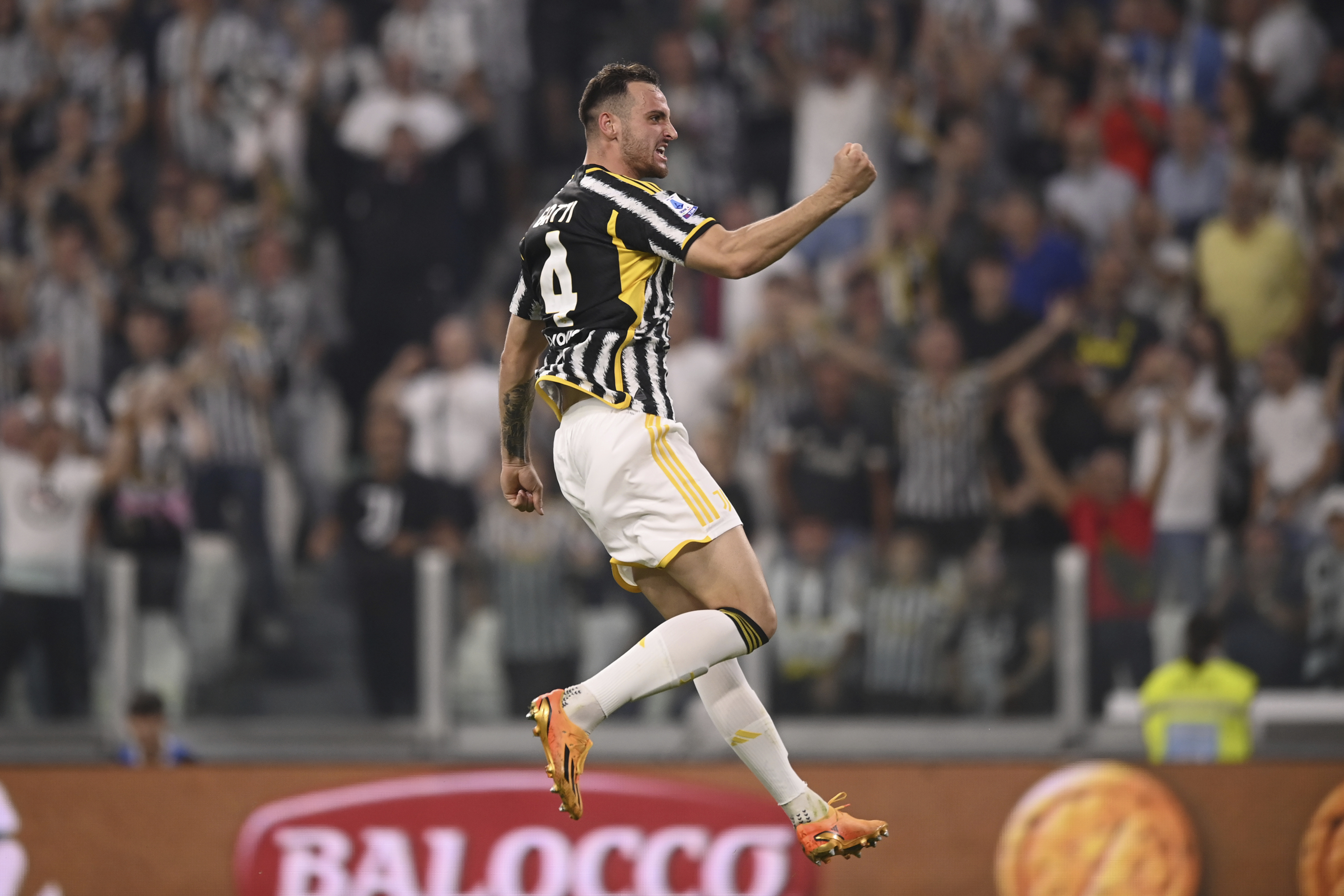 Juventus’ Federico Gatti celebrates scoring the opening goal against Torino