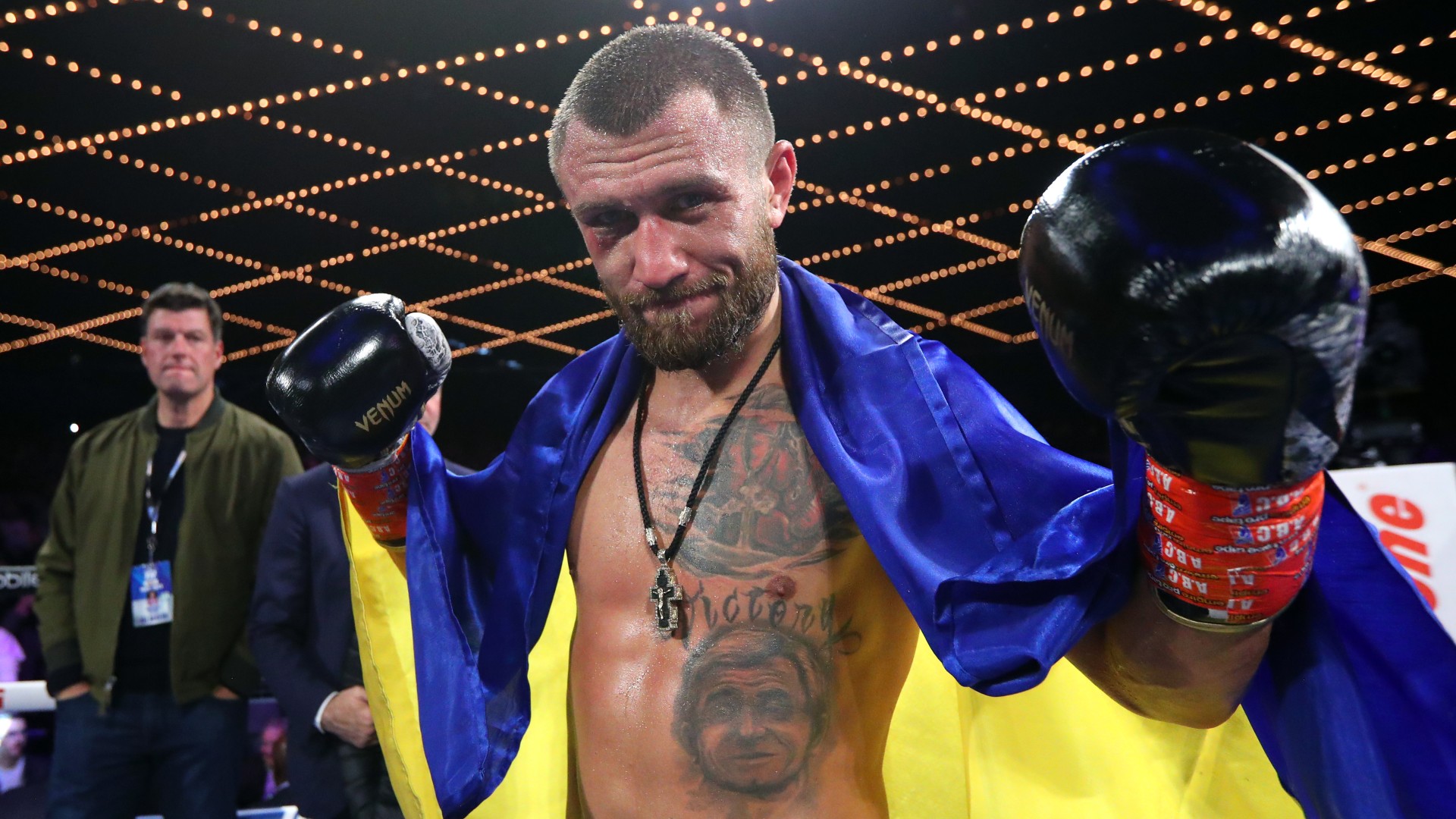 Vasiliy Lomachenko celebrates Saturday's victory over Jamaine Ortiz
