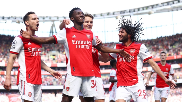 Eddie Nketiah celebrates scoring his second goal for Arsenal against Leeds United