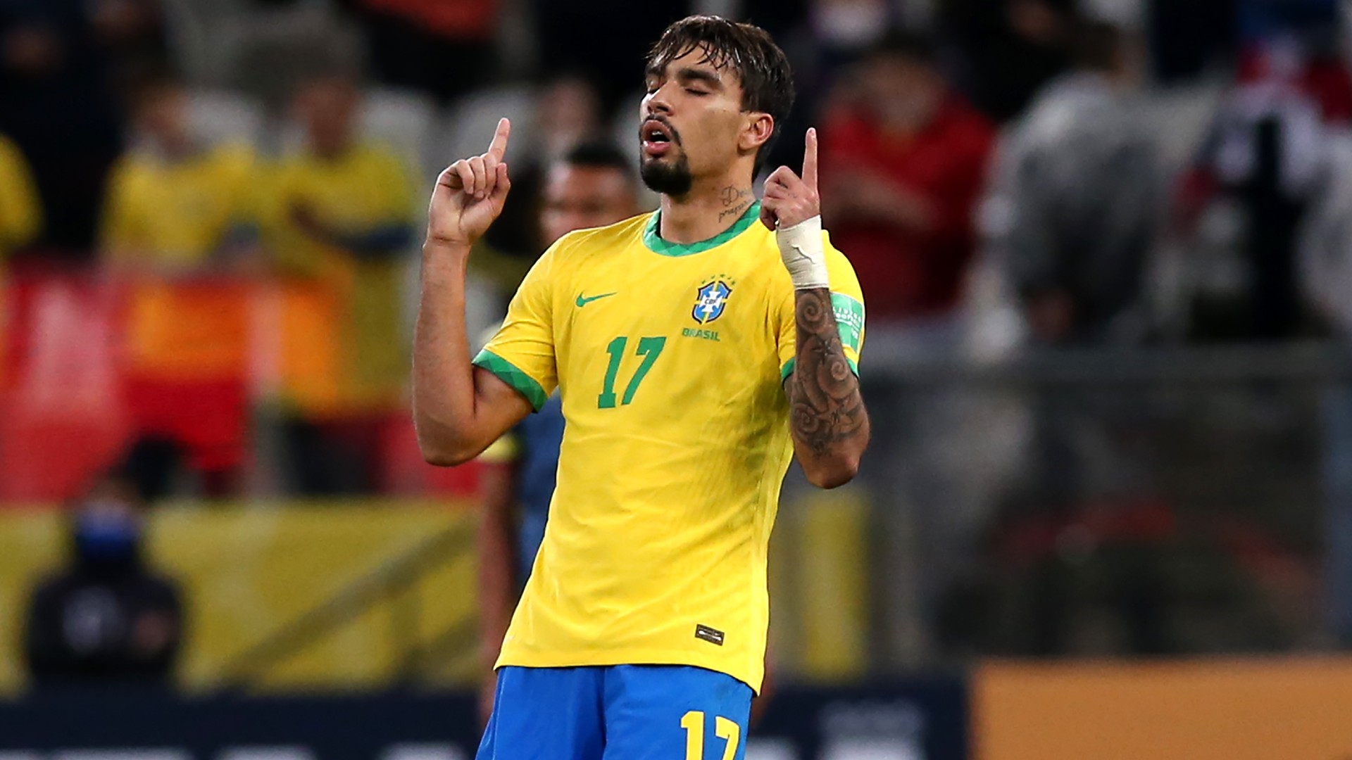 Lucas Paqueta celebrates scoring for Brazil