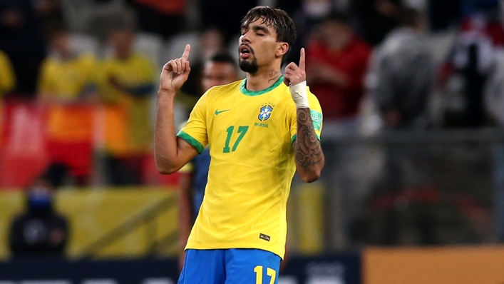 Lucas Paqueta celebrates scoring for Brazil