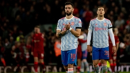 Bruno Fernandes applauds Manchester United's fans after a demoralising 4-0 loss to Liverpool