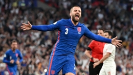 Shaw celebrates his goal against Switzerland
