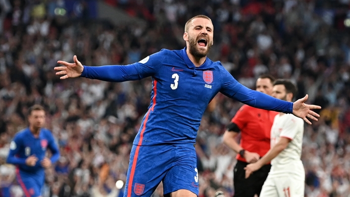 Shaw celebrates his goal against Switzerland