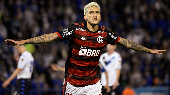 Flamengo's Brazilian forward Pedro celebrates after scoring against Velez Sarsfield