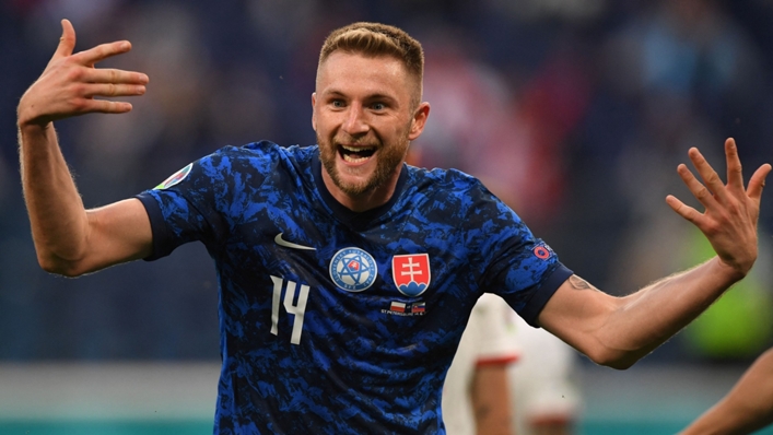 Slovakia's Milan Skriniar celebrates his winning goal against Poland