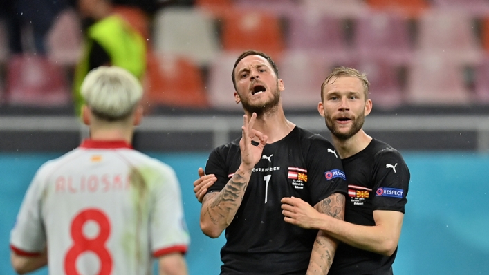 Austria forward Marko Arnautovic celebrates scoring against North Macedonia