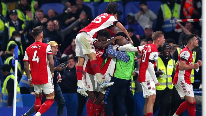 Arsenal celebrate Eddie Nketiah's second goal against Chelsea