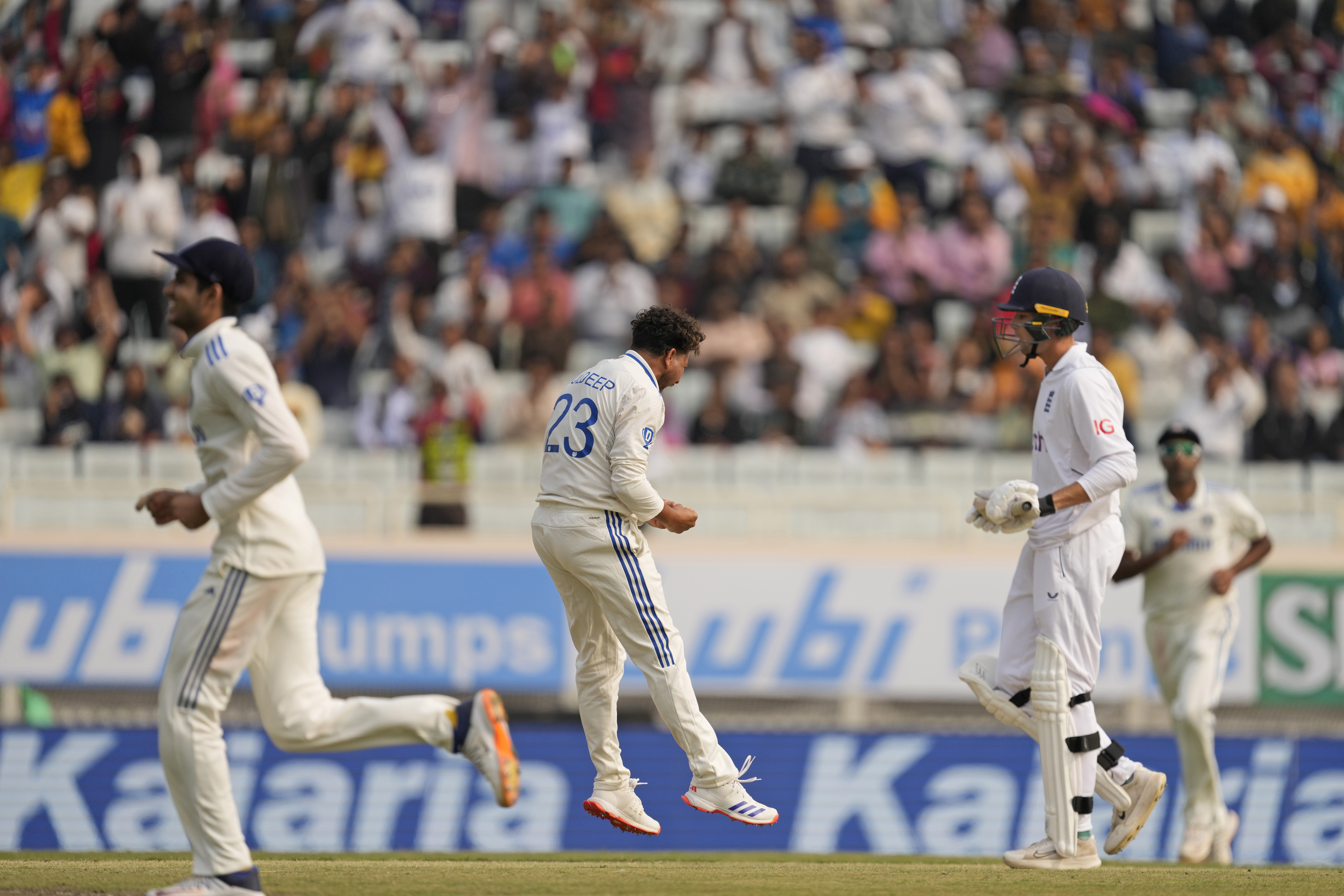 India’s Kuldeep Yadav, (centre) celebrates the wicket of England’s Tom Hartley day three of the fourth Test