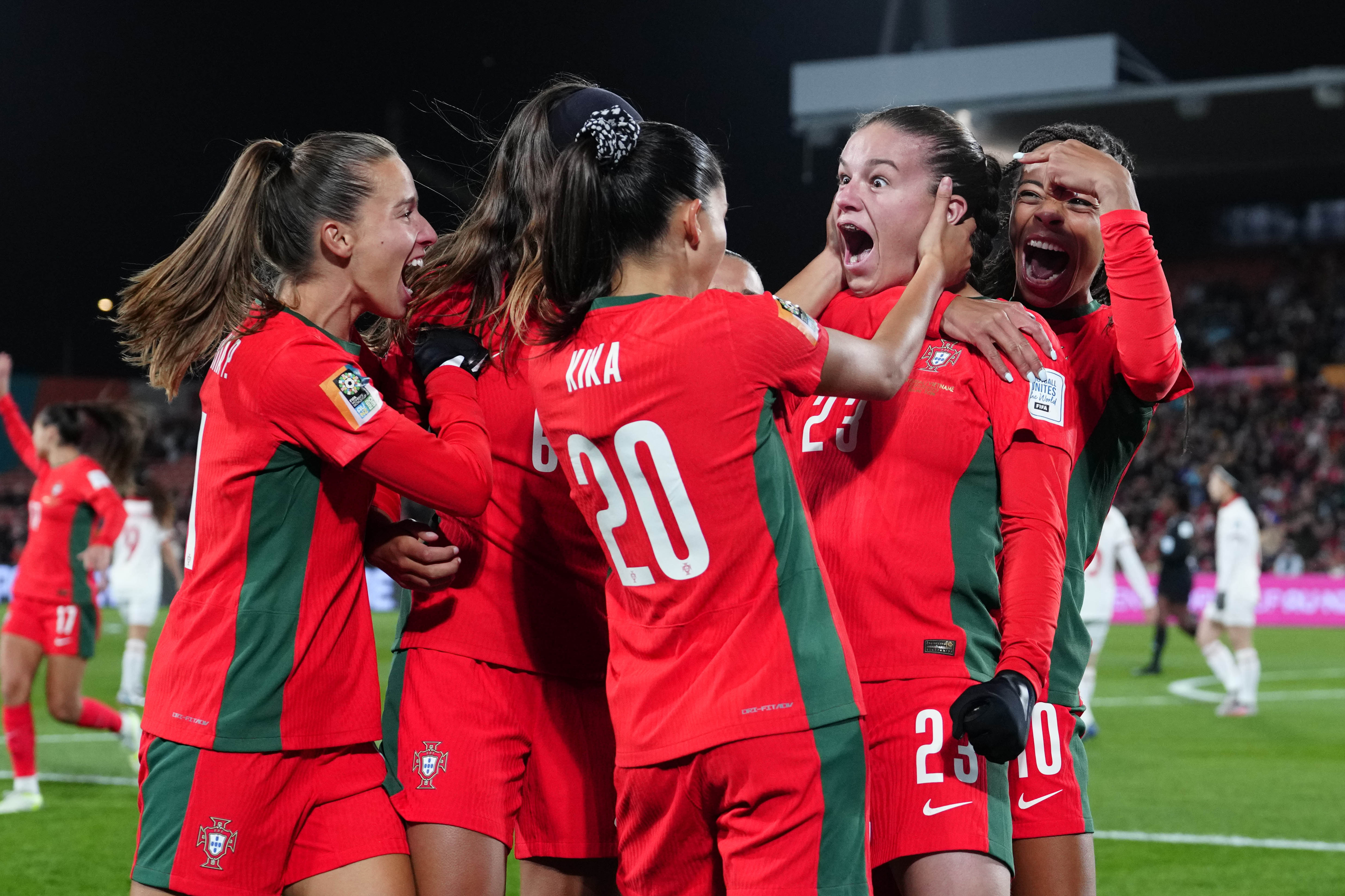 Portugal’s Telma Encarnacao (right) celebrates after scoring against Vietnam (Abbie Parr/AP)