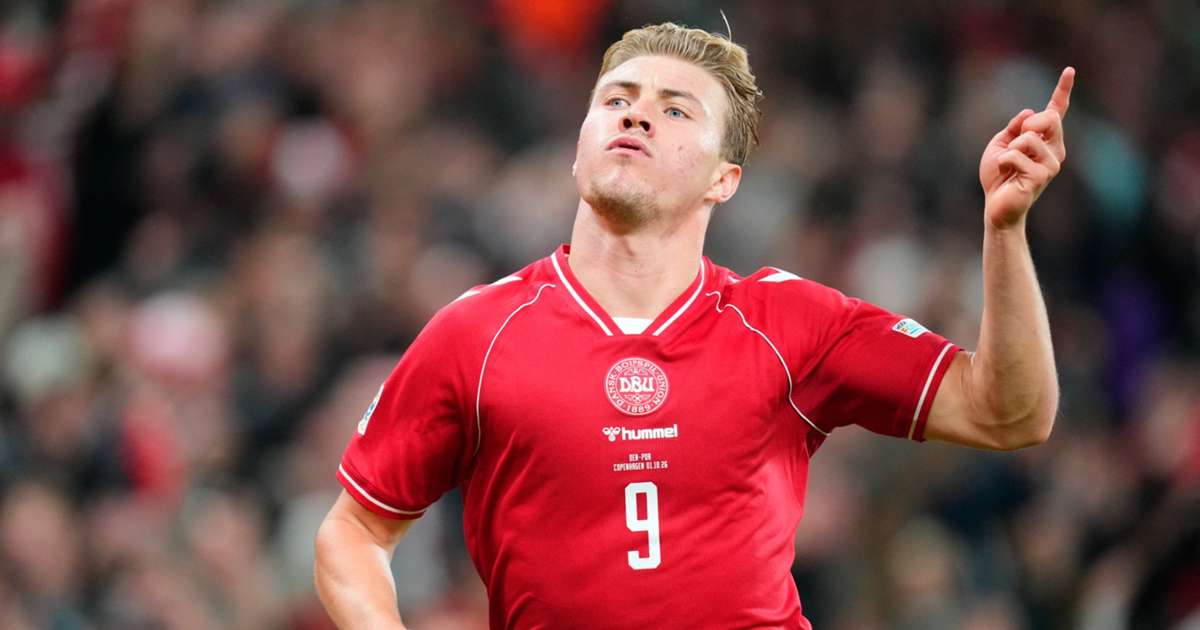 Rasmus Hojlund celebrating after scoring for Denmark against Portugal