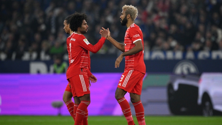Eric Maxim Choupo-Moting celebrates with Serge Gnabry after scoring against Schalke