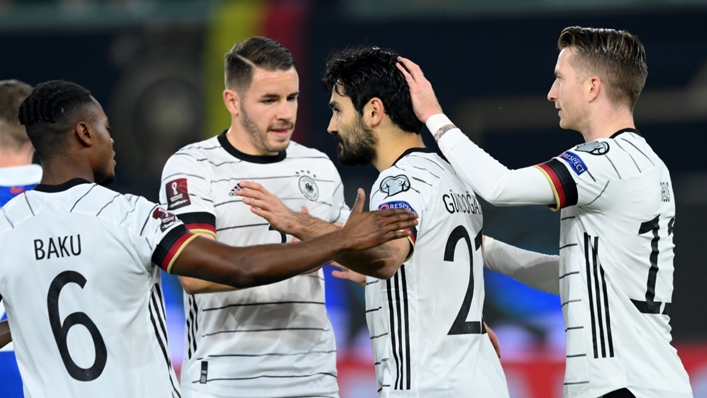 Germany players celebrate Ilkay Gundogan's (second right) opener against Liechtenstein