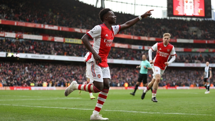 Bukayo Saka celebrates after opening the scoring for Arsenal against Newcastle