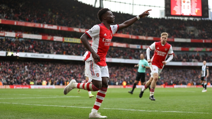 Bukayo Saka celebrates after opening the scoring for Arsenal against Newcastle United.