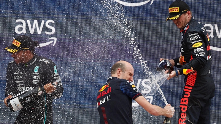 Lewis Hamilton and Max Verstappen on the podium (Joan Monfort/AP)
