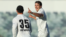 Lance Morris celebrates after taking a wicket during a Sheffield Shield match