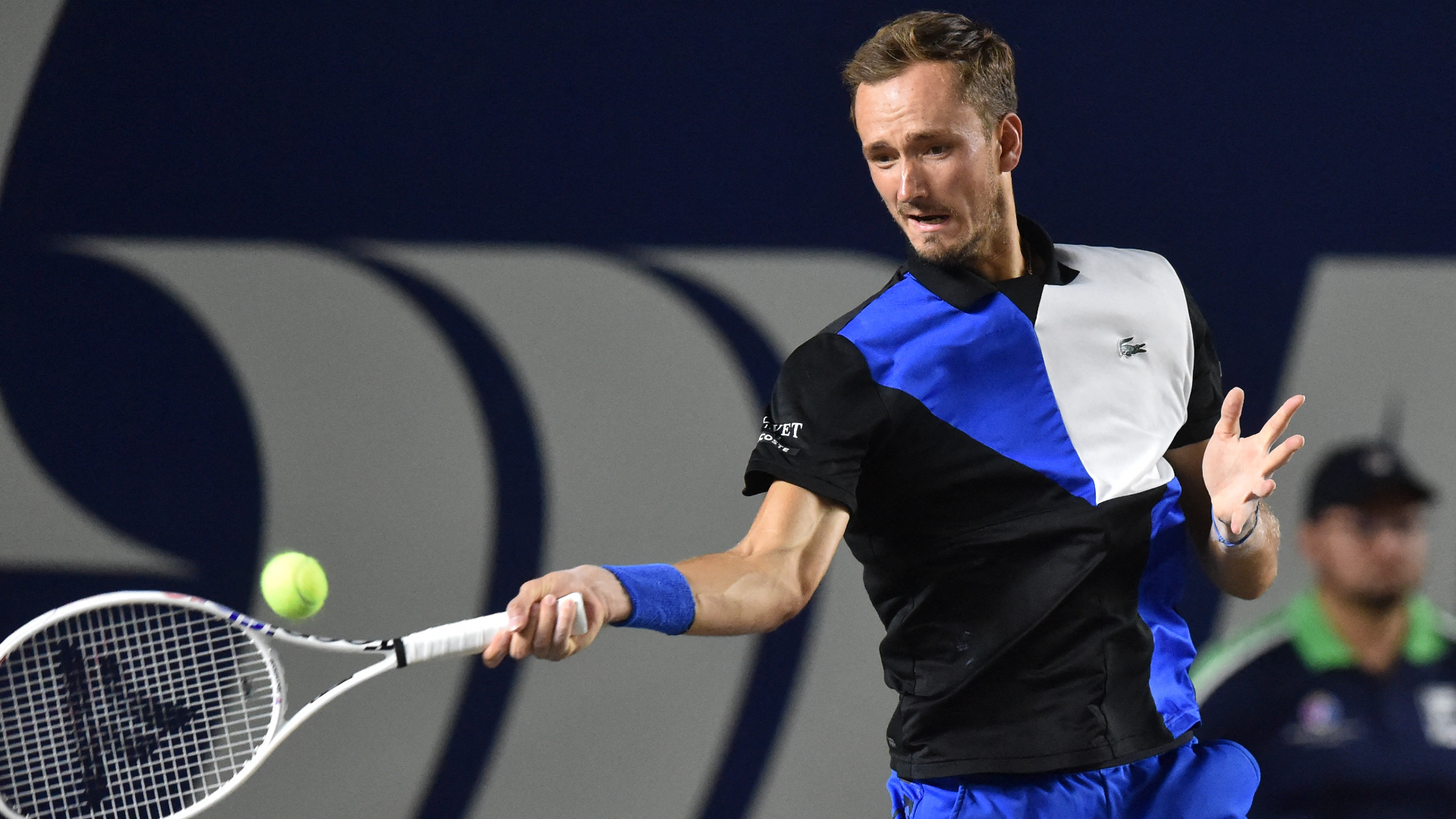 Russia's Daniil Medvedev hits the ball during Los Cabos Open final against Britain's Cameron Norrie