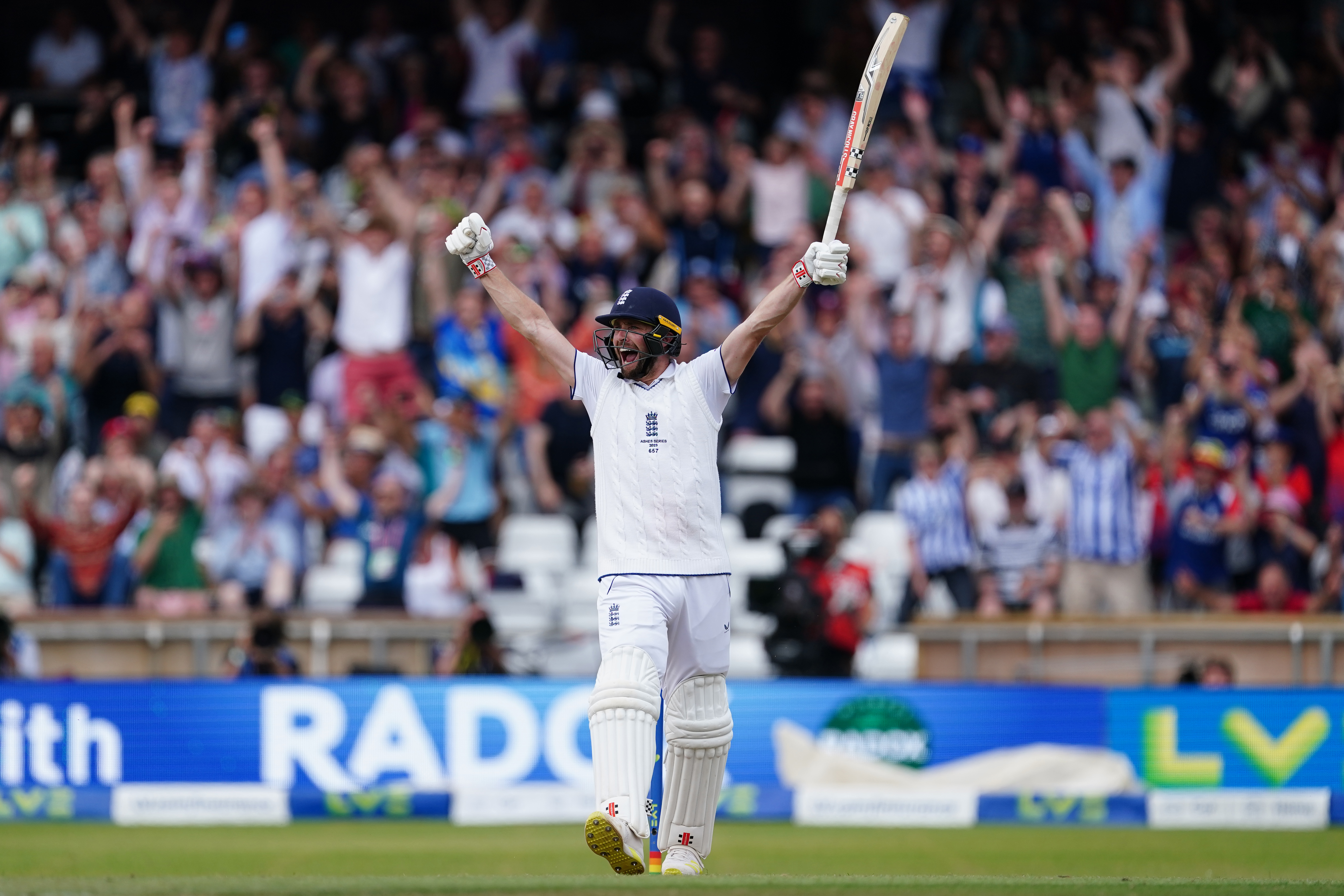 Chris Woakes celebrates after clinching victory for England in the third Ashes Test (Mike Egerton/PA)