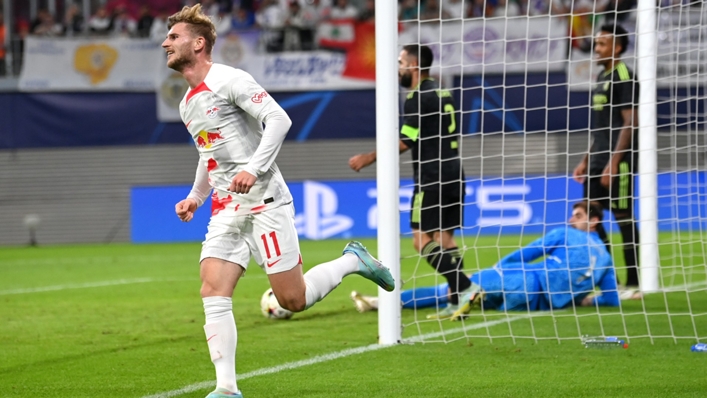 Timo Werner celebrates his second-half strike against Real Madrid in the Champions League