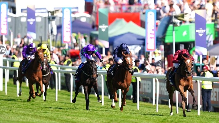 Caernarfon (purple) finishing third in the Betfred Oaks (David Davies for the Jockey Club/PA)