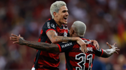 Marinho of Flamengo celebrates with teammate Pedro after scoring the second goal
