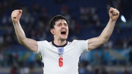 Harry Maguire celebrates England's victory over Ukraine