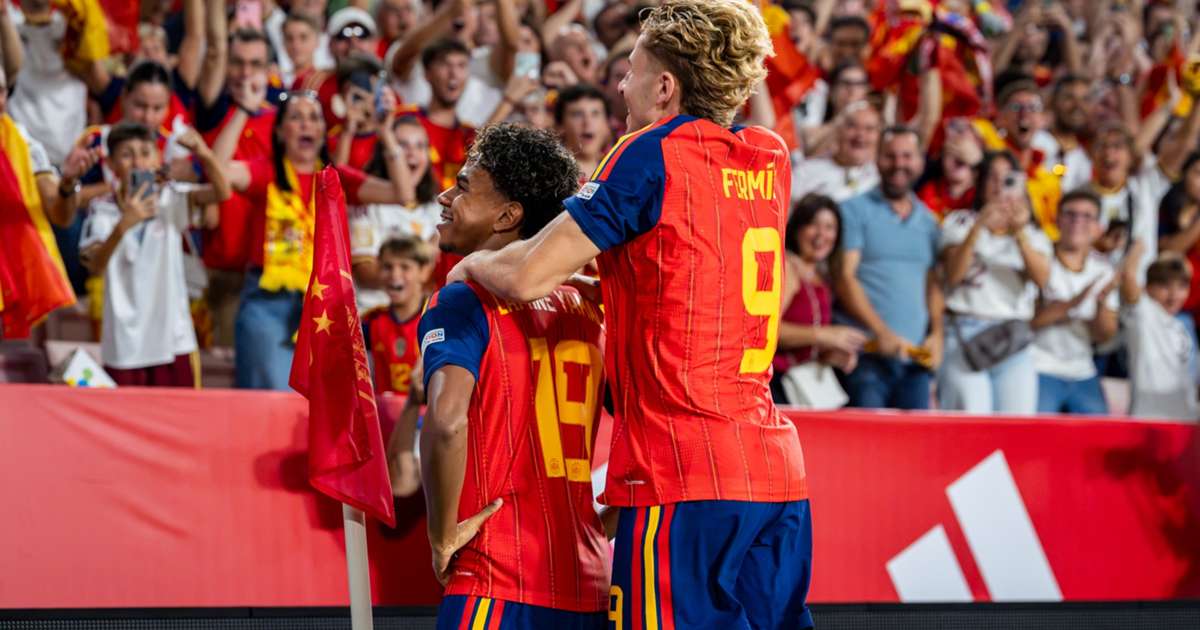Barcelona winger Lamine Yamal celebrates his two-goal performance against Croatia