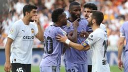 Real Madrid’s Vinicius Junior, second left, was the target of alleged racist abuse at Valencia on Sunday (Alberto Saiz/AP)