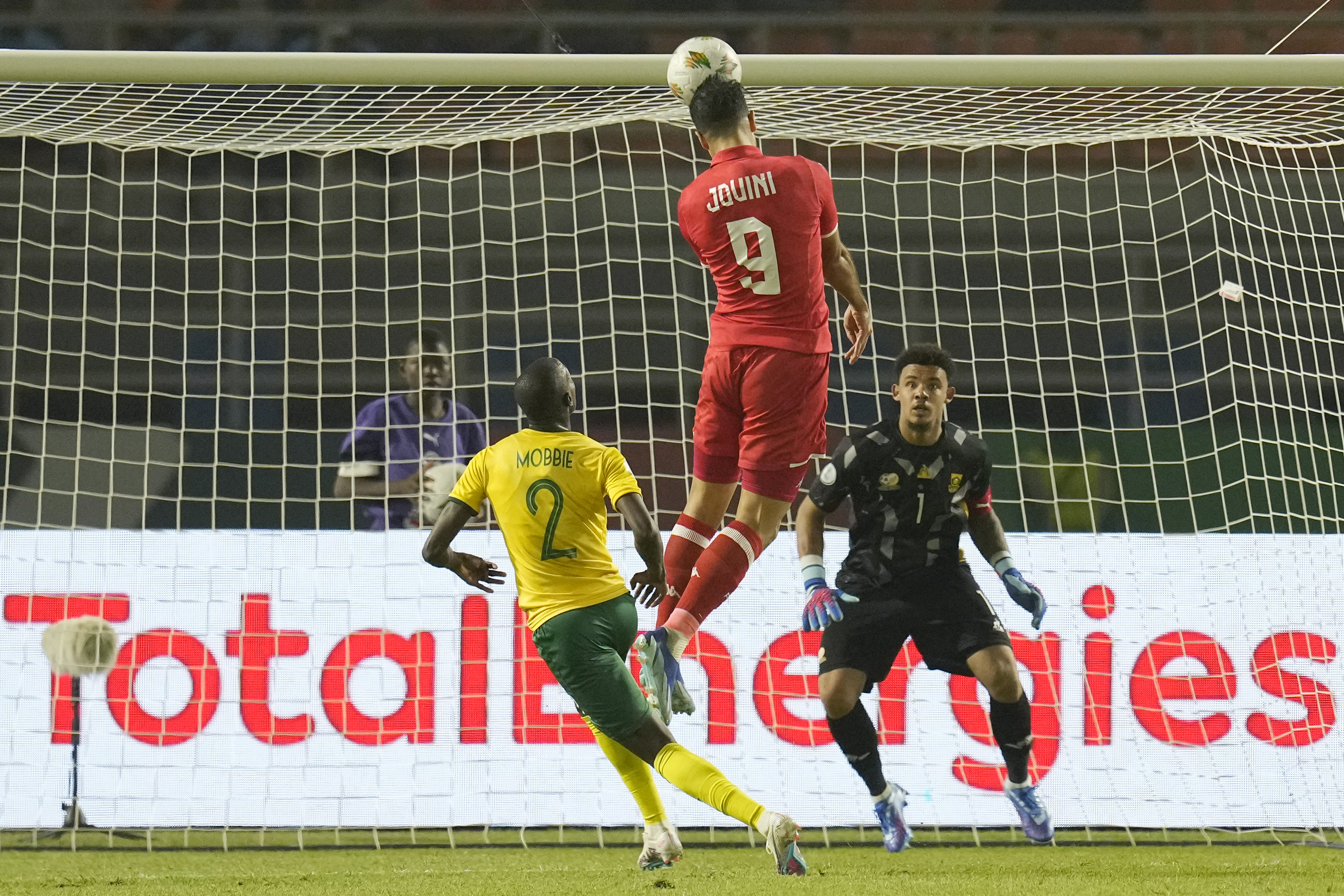 Tunisia substitute Haythem Jouini heads over late on (Themba Hadebe/AP)