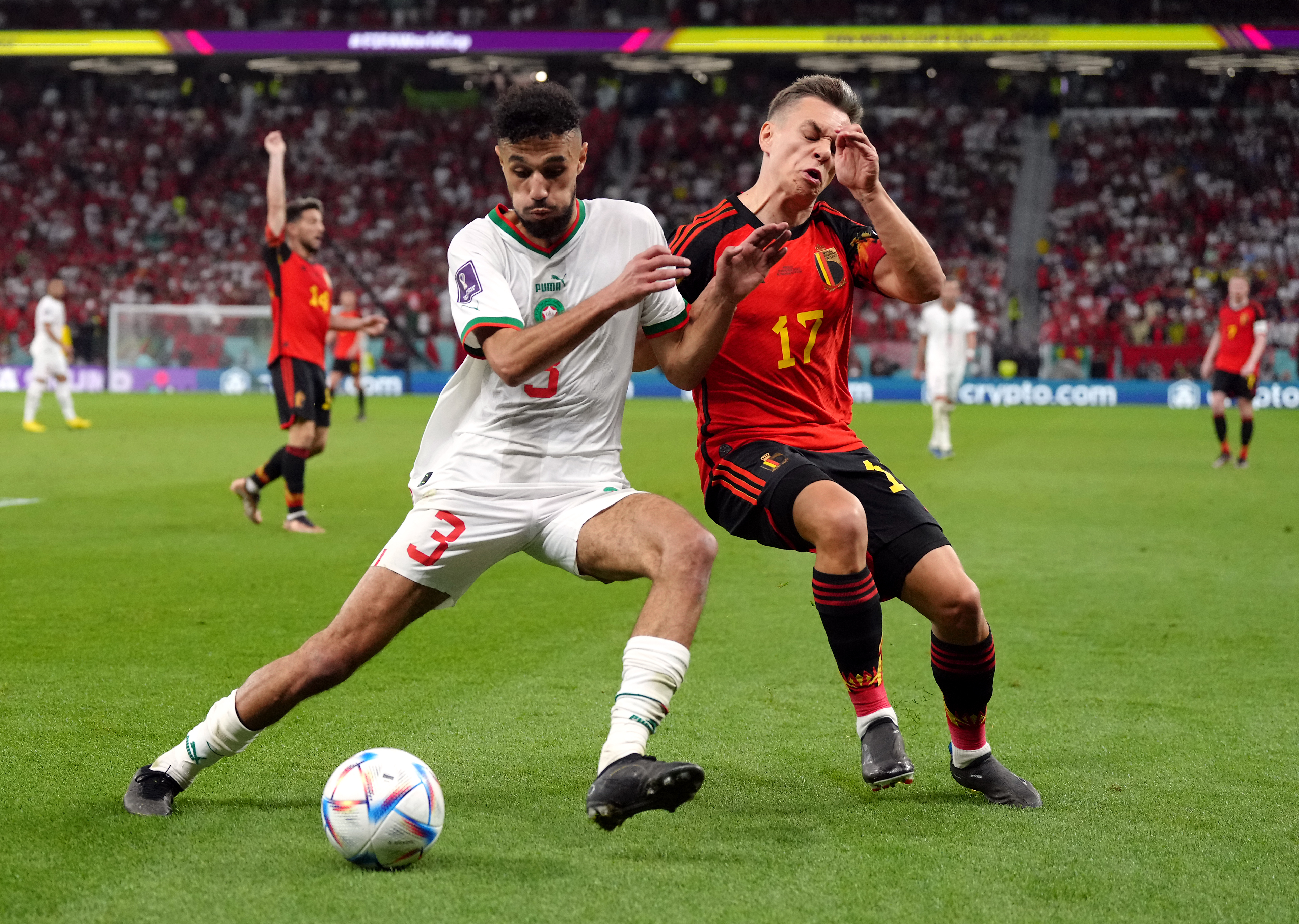 Morocco’s Bayern Munich defender Noussair Mazraoui, left, has a thigh injury