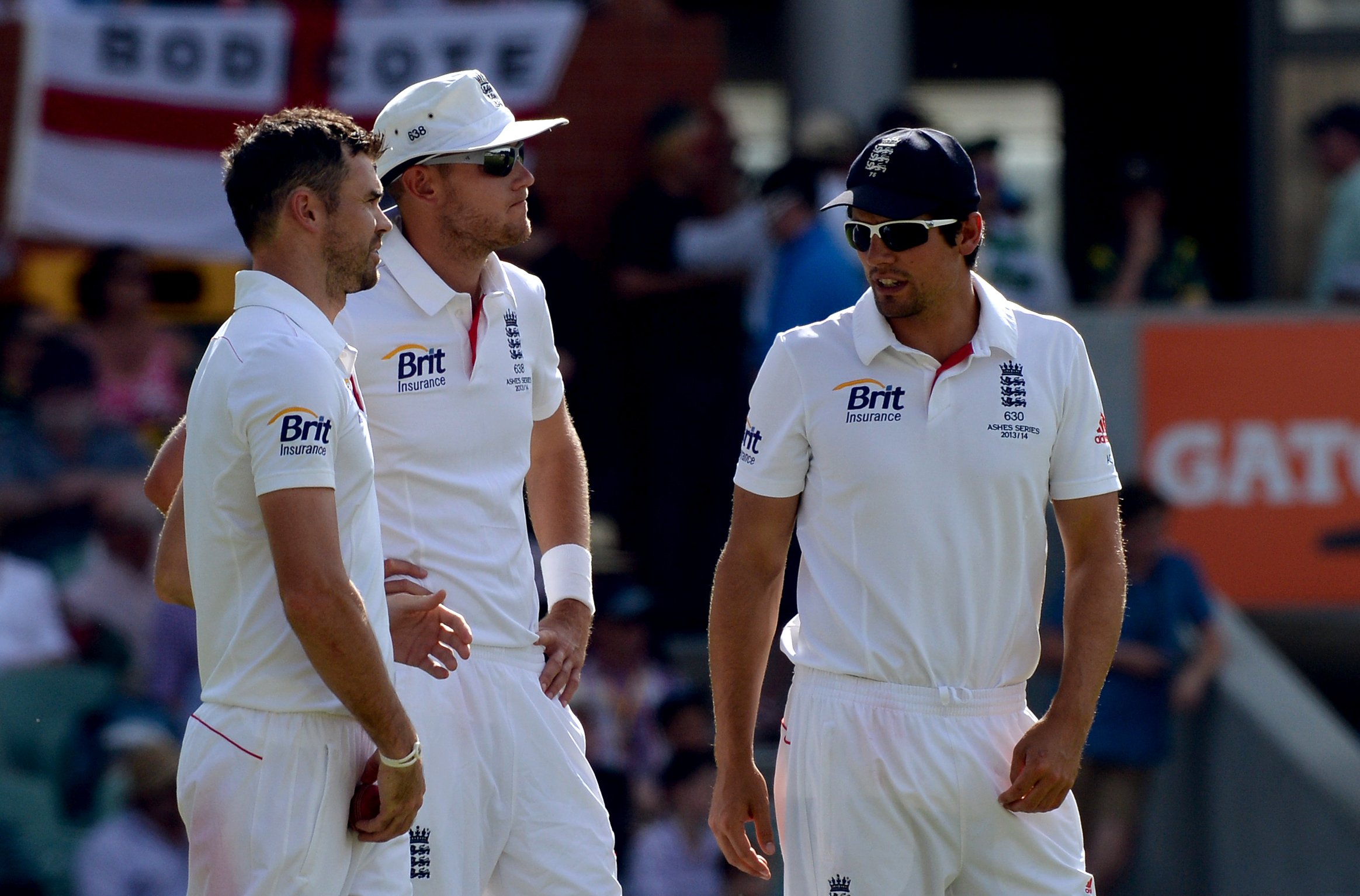 James Anderson (left), Stuart Broad (centre) and Alastair Cook in action for England