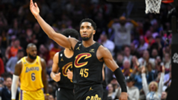Donovan Mitchell of the Cleveland Cavaliers celebrates during the fourth quarter against the Los Angeles Lakers