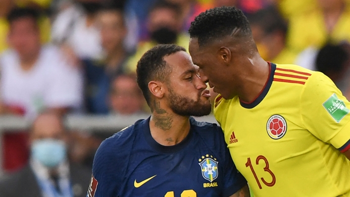 Neymar and Mina square up to each other during the 0-0 draw between Brazil and Colombia
