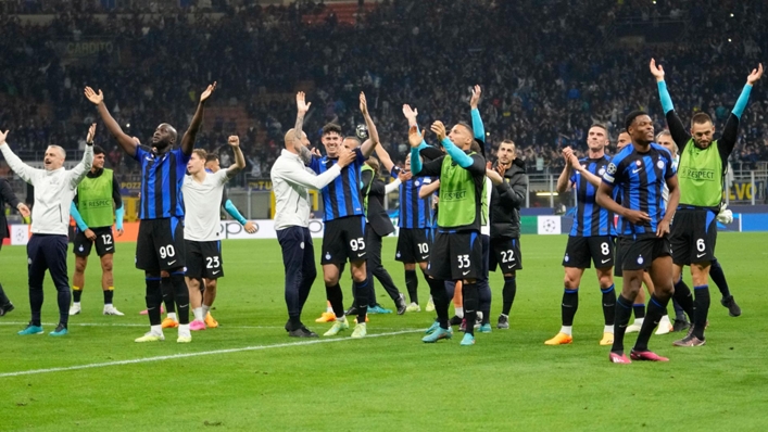 Inter Milan players celebrate at the end of the Champions League semi-final second leg (Luca Bruno/AP)