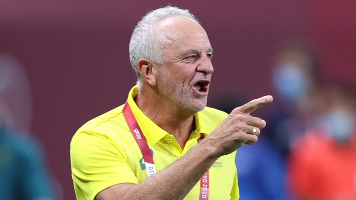 Australia coach Graham Arnold points the way to victory