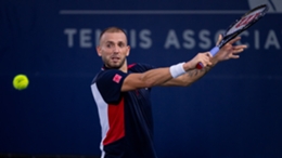 Daniel Evans slices a backhand at the San Diego Open