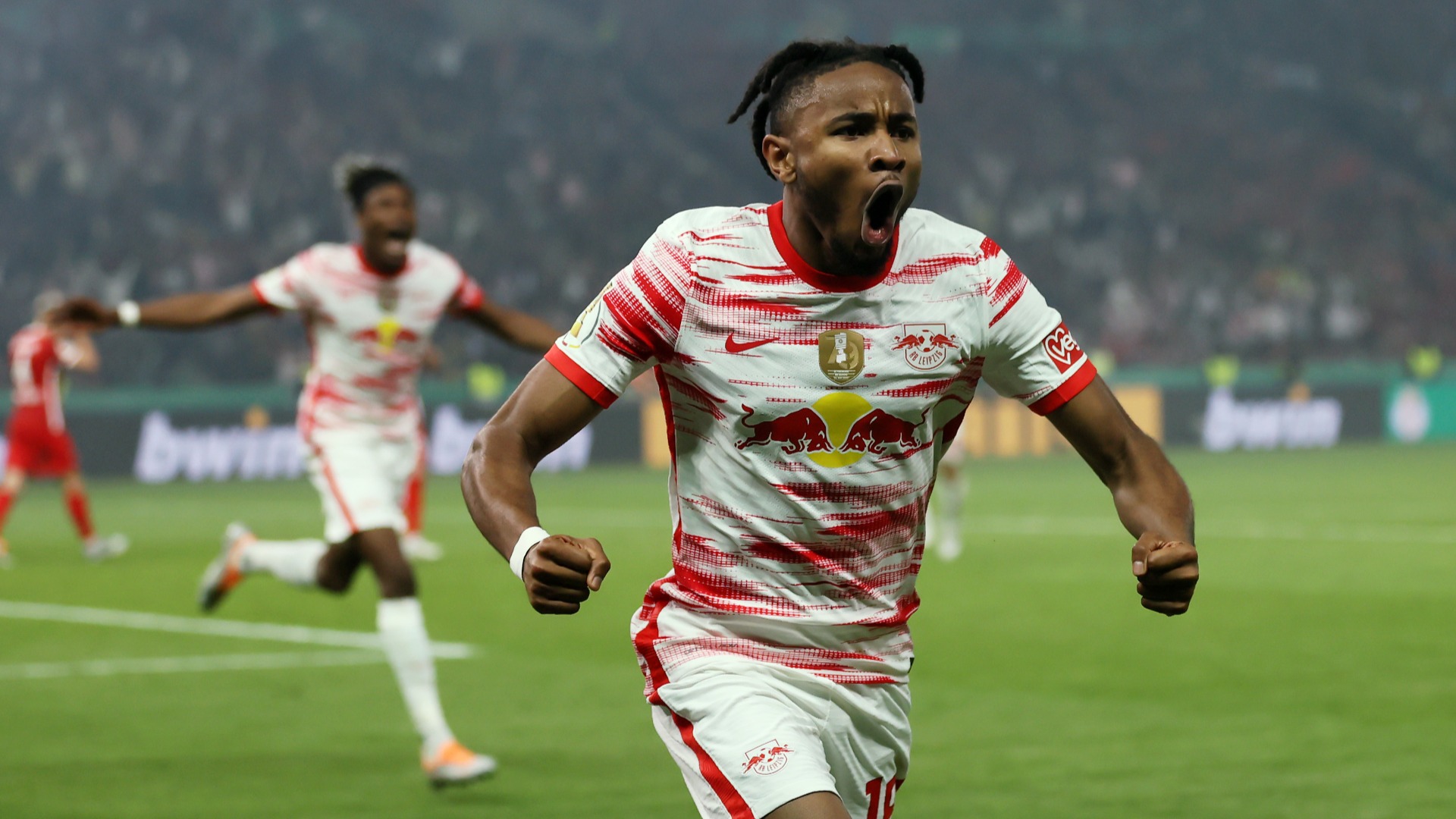 RB Leipzig's Christopher Nkunku celebrates his goal against Freiburg in the DFB-Pokal final