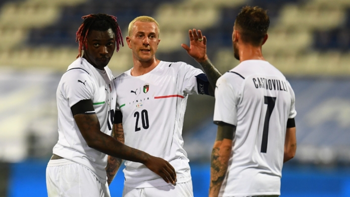 Italy's Federico Bernardeschi (centre) celebrates against San Marino