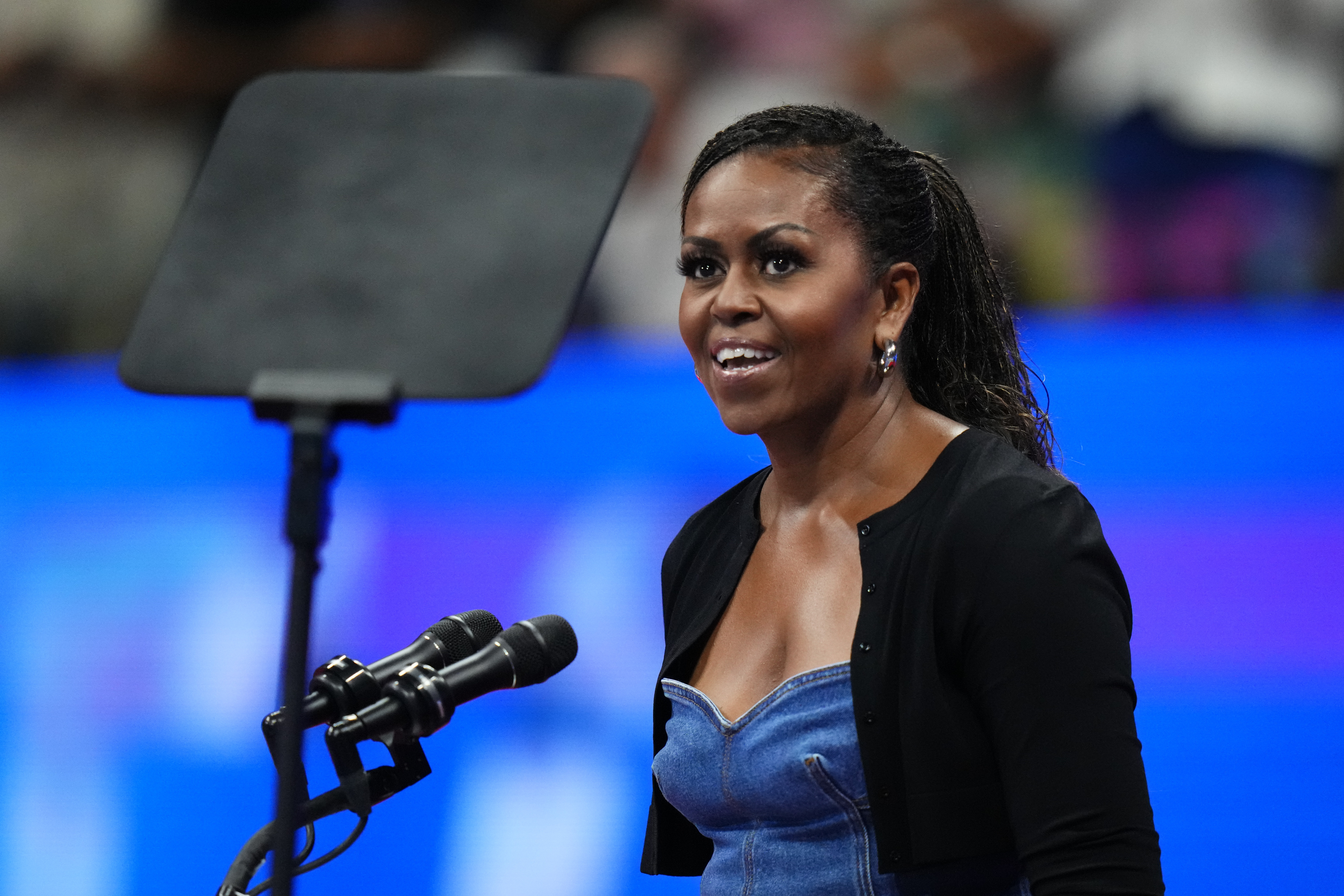 Former first lady Michelle Obama speaks at the opening ceremony of the US Open