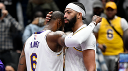 Anthony Davis and LeBron James of the Los Angeles Lakers celebrate