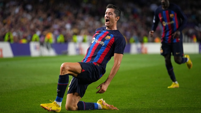 Robert Lewandowski celebrates after a dominant showing against Viktoria Plzen