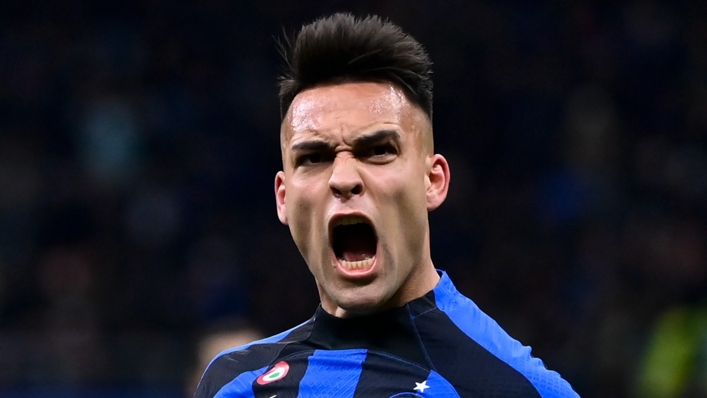 Lautaro Martinez celebrates opening the scoring in the Milan derby