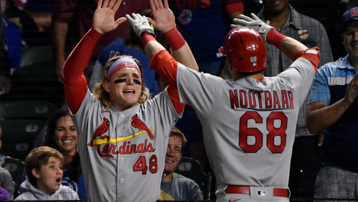 Harrison Bader #48 and Lars Nootbaar #68 of the St. Louis Cardinals celebrate after a home run in the seventh inning in game two of a doubleheader against the Chicago Cubs