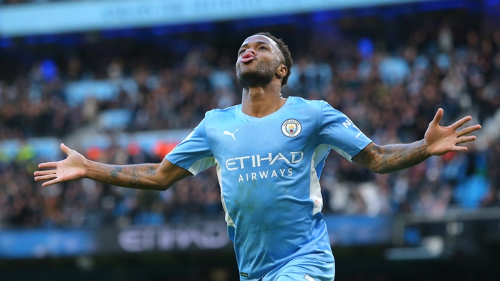 Raheem Sterling celebrates scoring against Everton