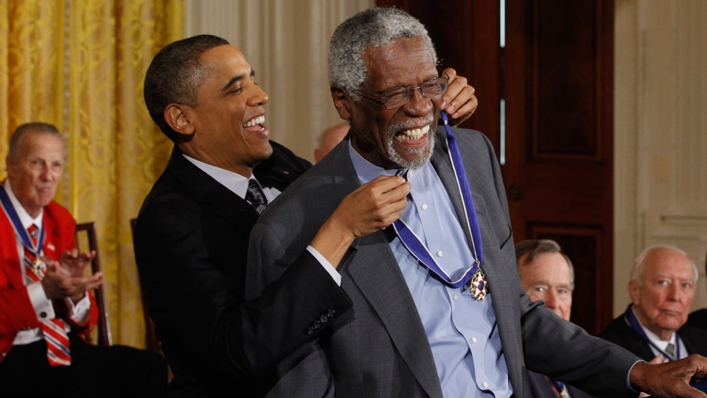 Bill Russell being presented with the Presidential Medal of Freedom in 2011 by Barack Obama