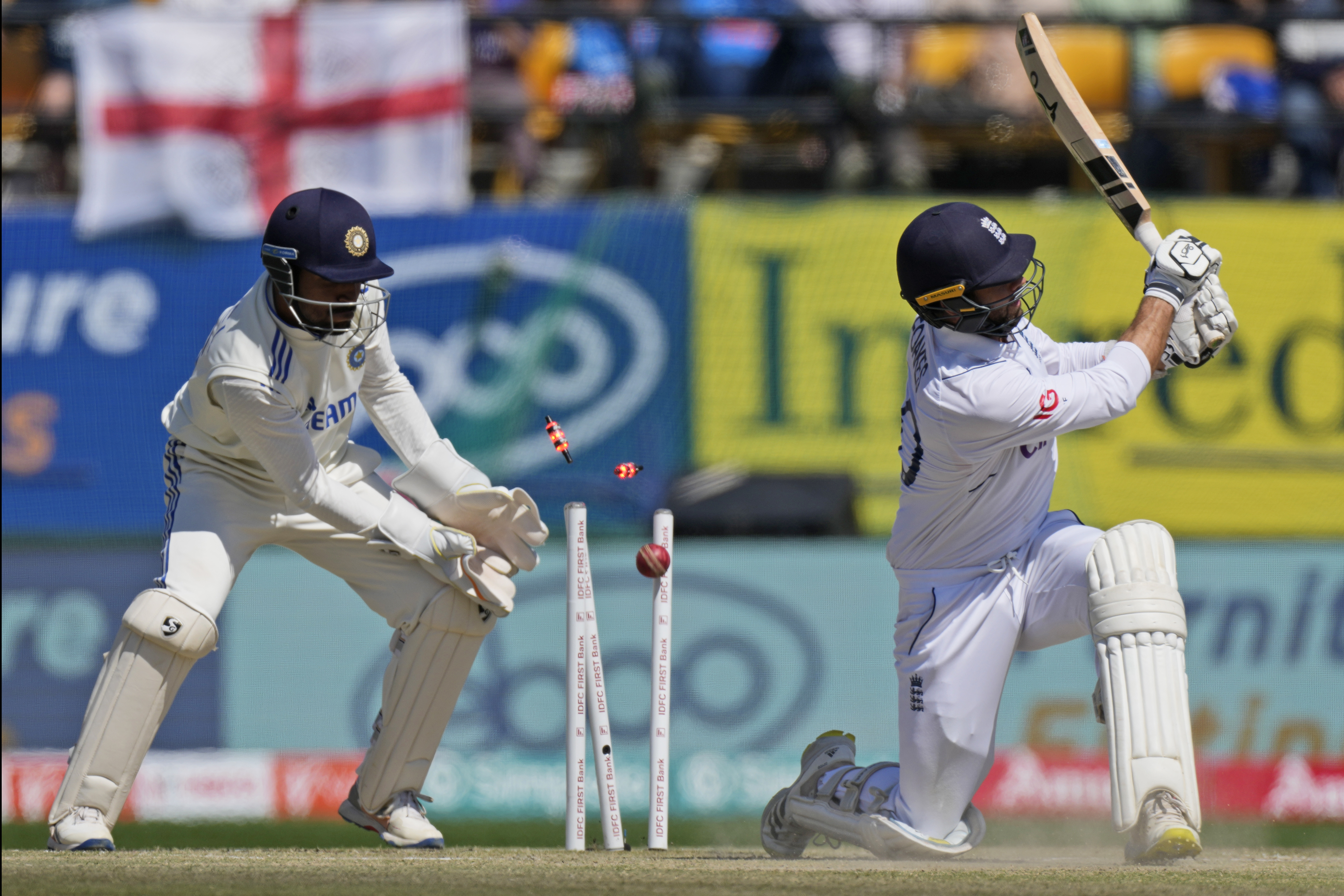 Ben Foakes is bowled during the India series