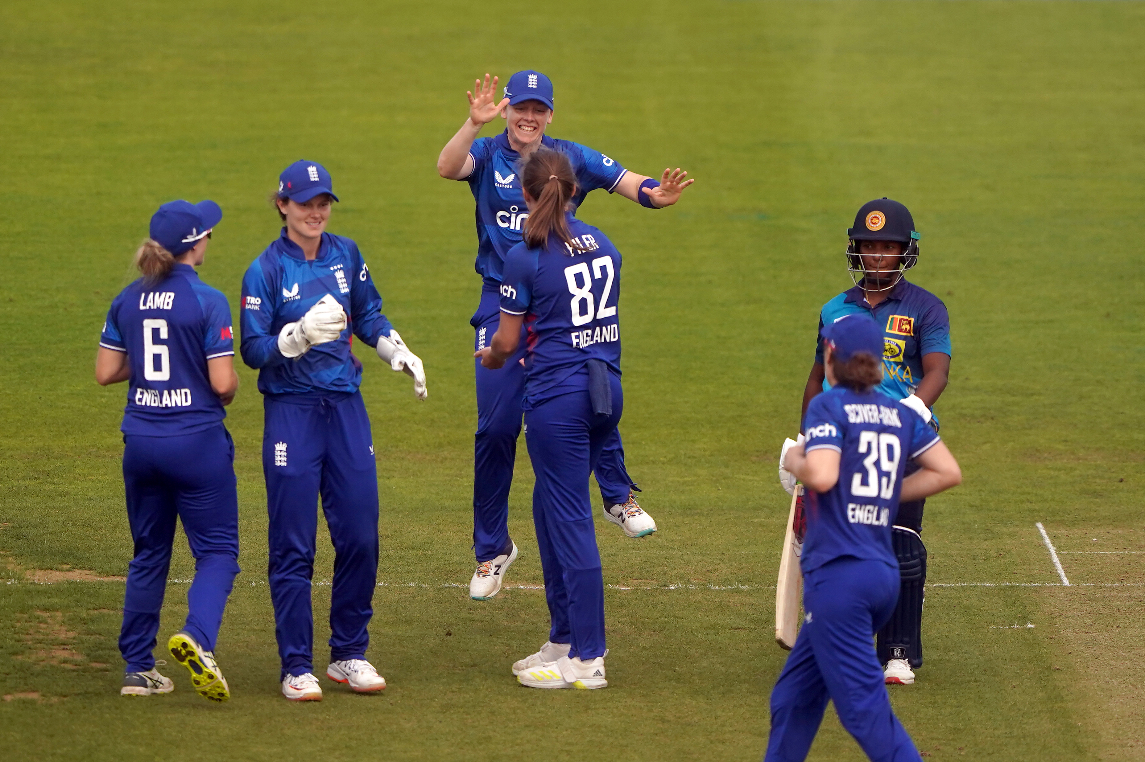 Lauren Filer, centre, impressed on her ODI debut (Owen Humphreys/PA)